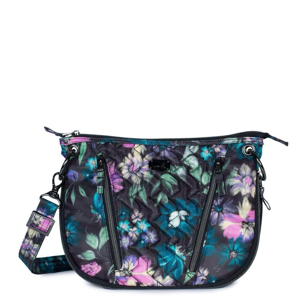 LUG SWIVEL Black Bloom Crossbody Shoulder Bag Purse Handbag in SATIN Finish